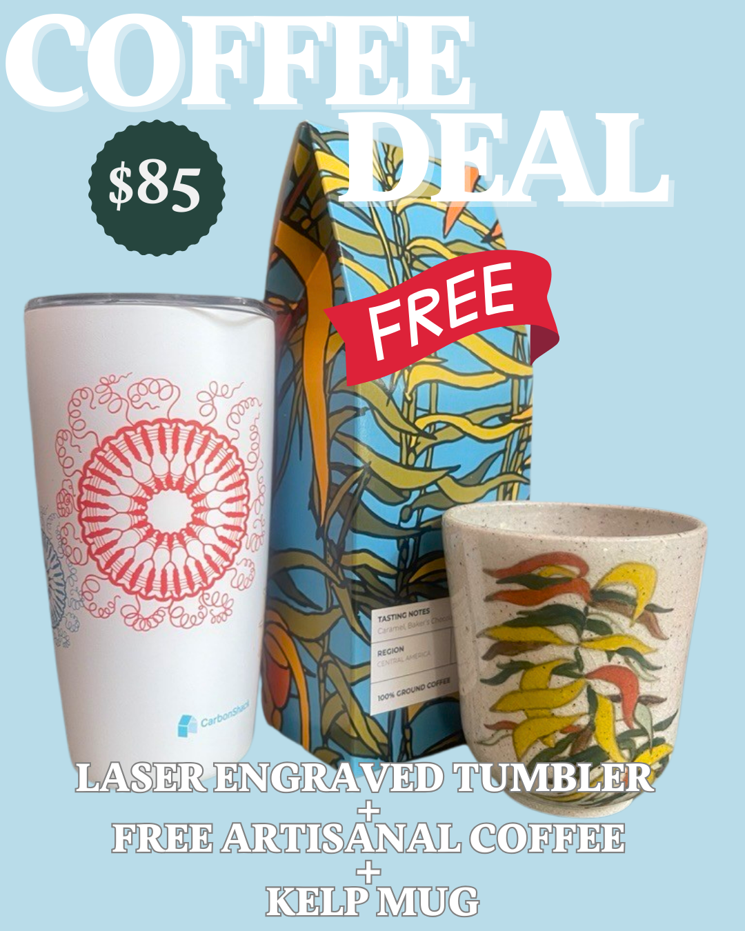 Promotion- Laser Engraved Tumbler + FREE Artisanal Coffee + Ceramic Mug Limited Edition